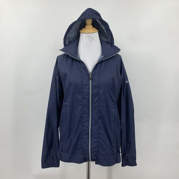 Columbia Hooded Rain Jacket Womens XS Extra Small Navy Vented Nylon Arcadia II - Picture 2 of 14
